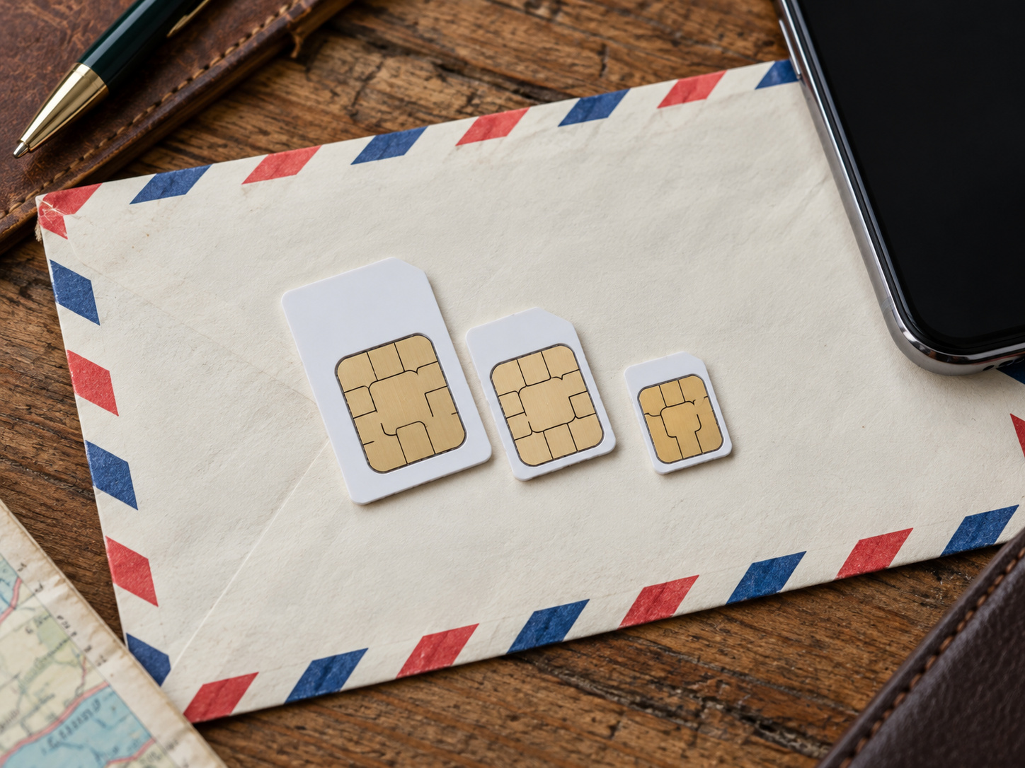 SIM cards on an airmail envelope