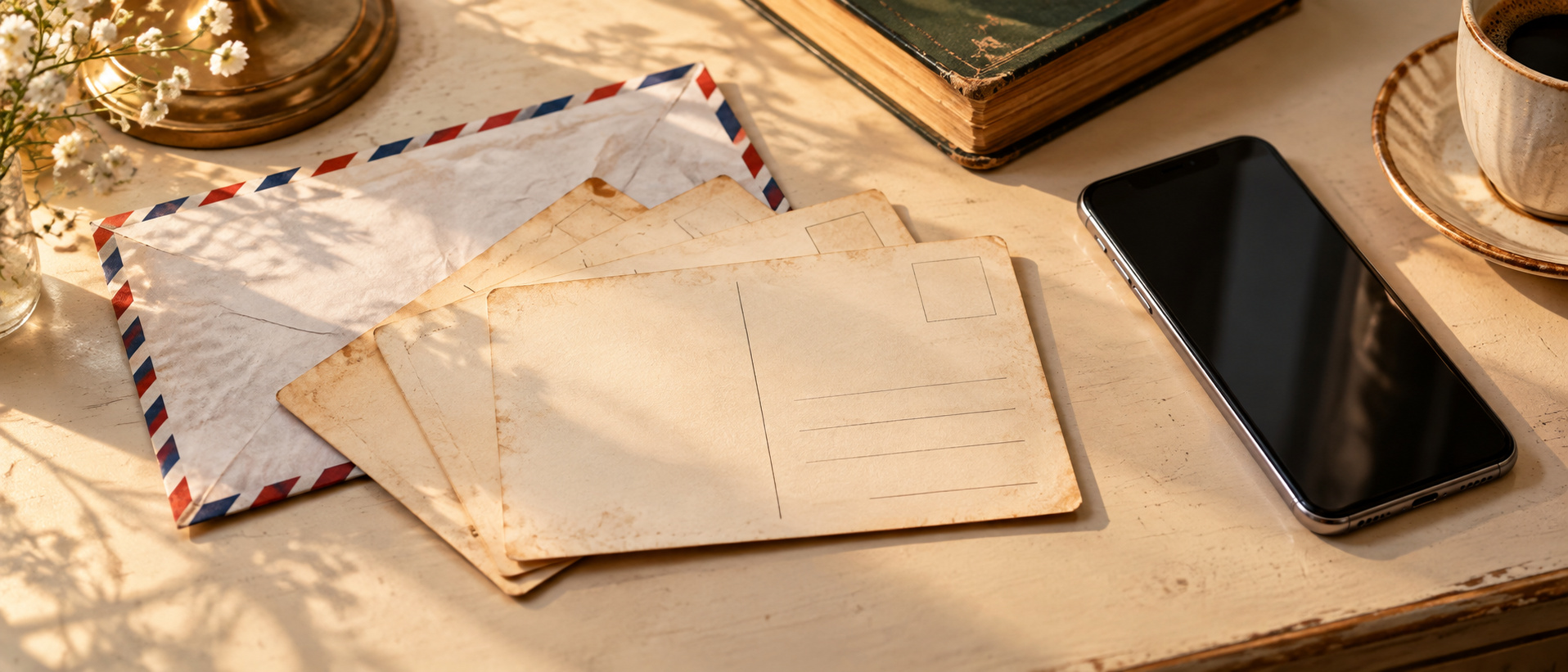 A vintage postcard and stamp beside a phone