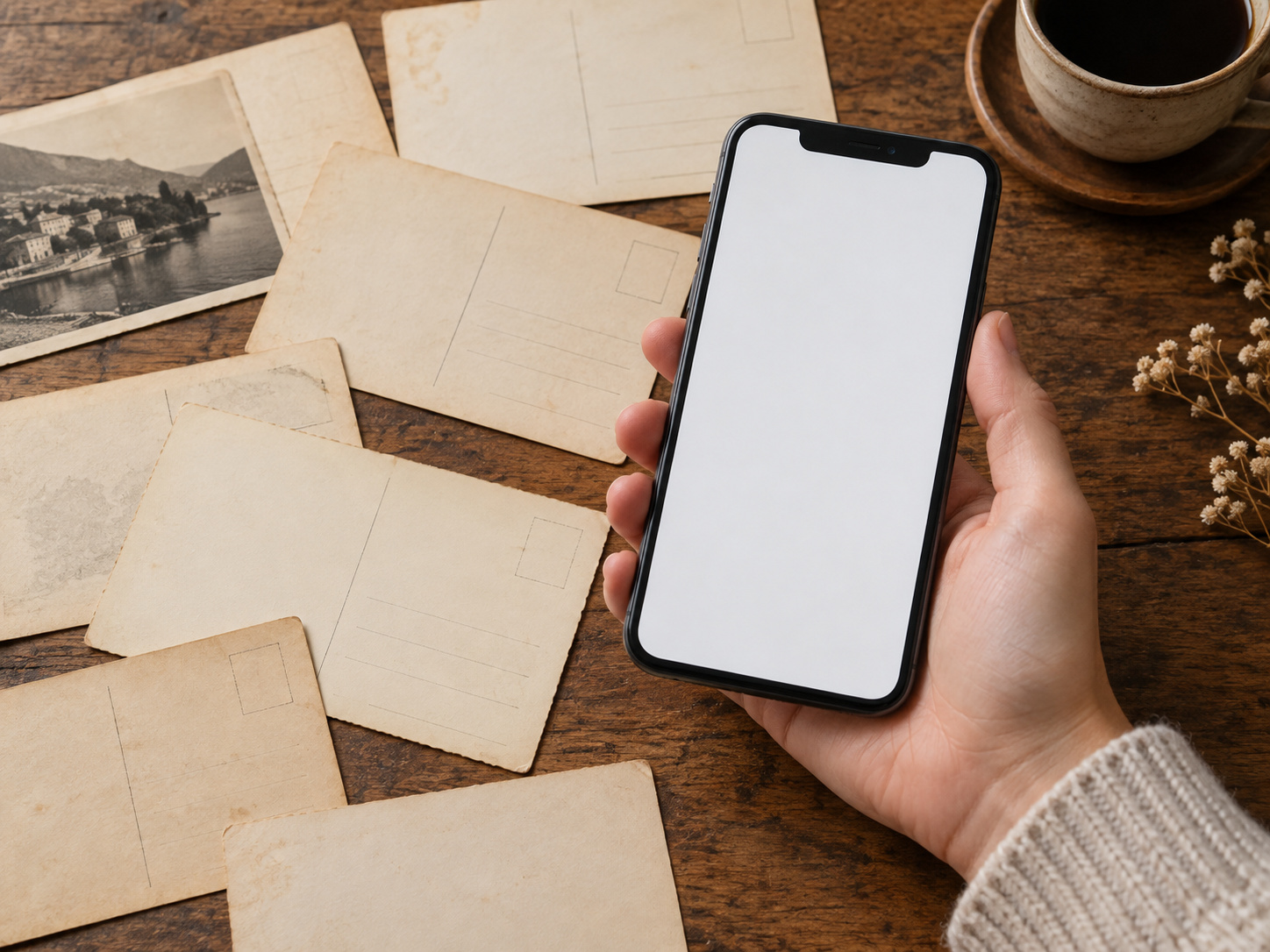 A hand holding a phone over postcards